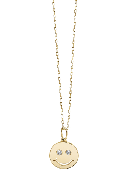 Kids Happy Face Necklace, 14k Yellow Gold & Diamonds